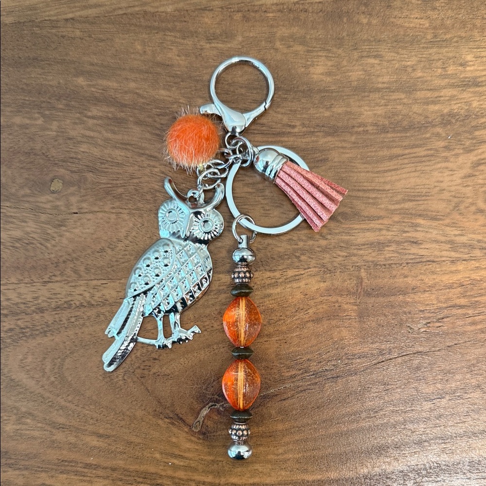 Silver Owl Keychain with Orange Accents